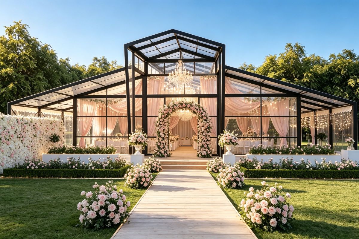 25m Atrium Tent | Aluminum Glass Structure for Luxury Wedding & Hospitality Venues