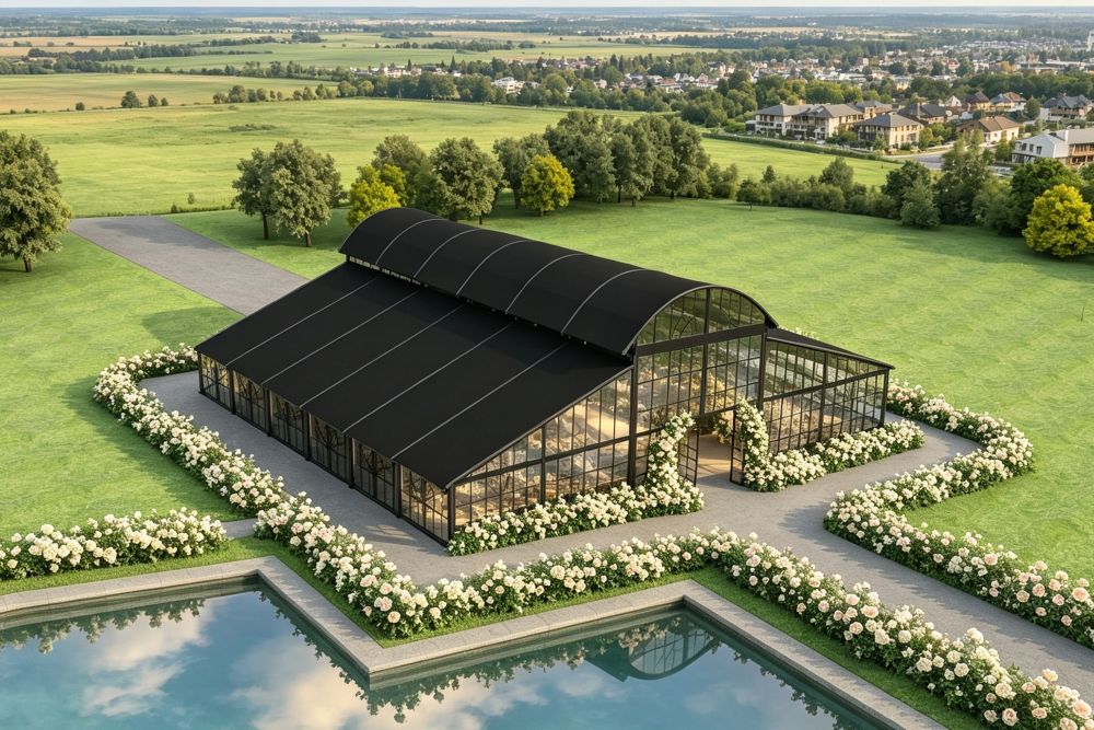 32m x 35m x 4m Black Arched-Roof Atrium Tent for Weddings, Events & Hospitality