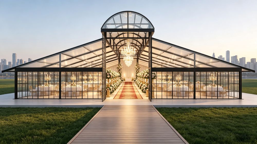 25m x 25m Arched-Roof Atrium Tent with Black Aluminum Frame and White PVC Roof
